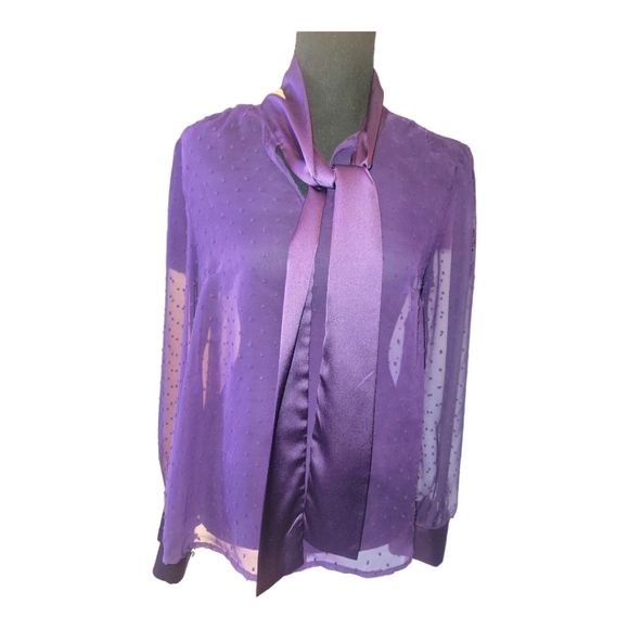 Beautiful sheer Ms Bling purple blouse with tie size large - Picture 4 of 6